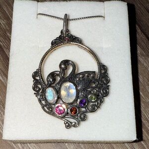 Elegant Silver Swan Pendant Necklace with Multicolor Gems
